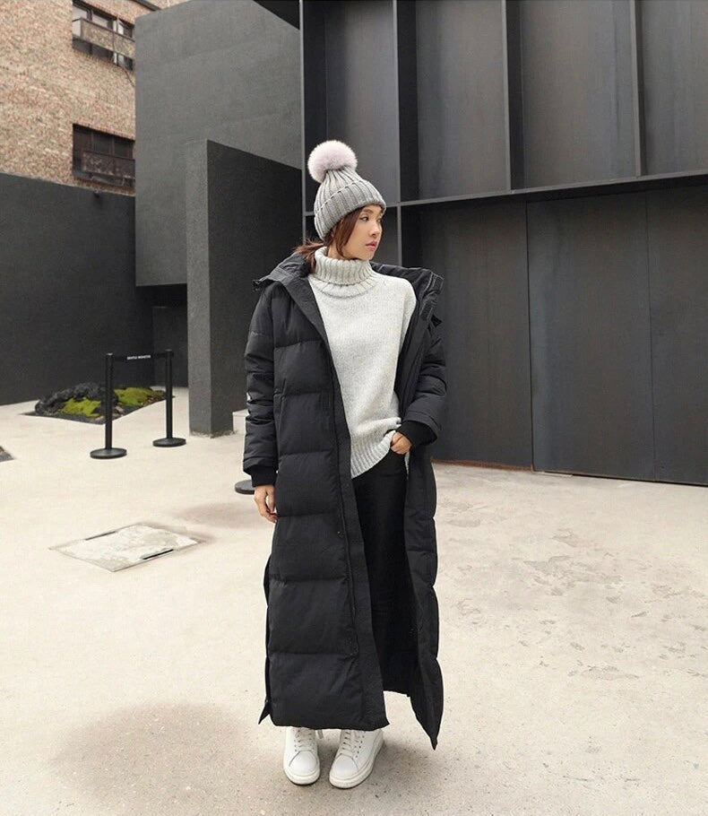 Women's Long Down Jacket - Padded Warm Puffer - Hood and Zipper - Loose Fit