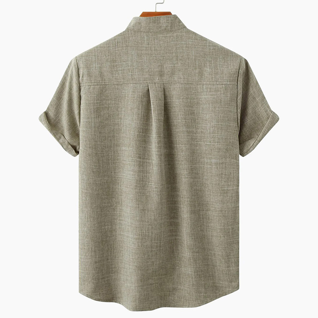 Men's Shirt - Linen Blend - Relaxed Fit - Short Sleeves - Mandarin Collar