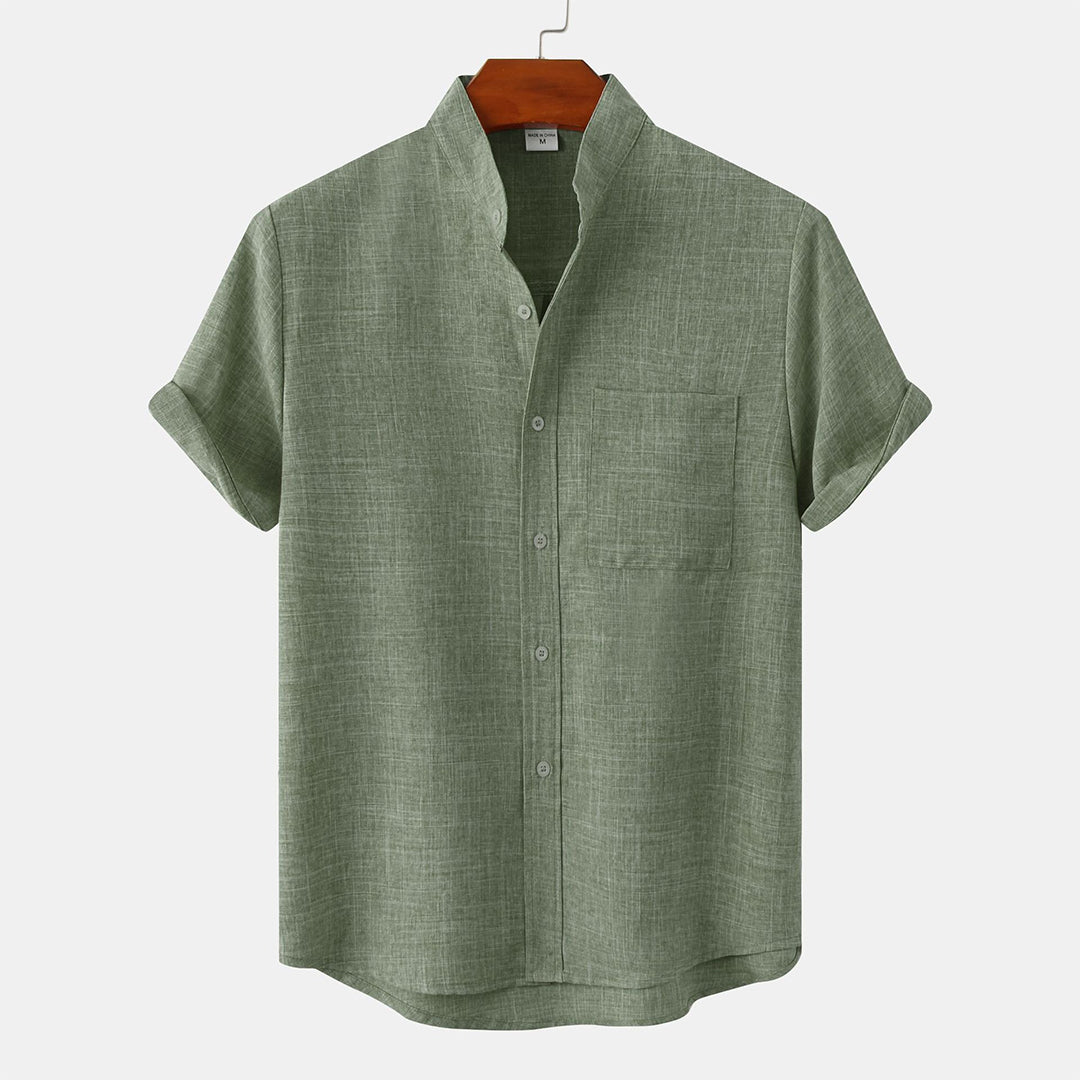 Men's Shirt - Linen Blend - Relaxed Fit - Short Sleeves - Mandarin Collar