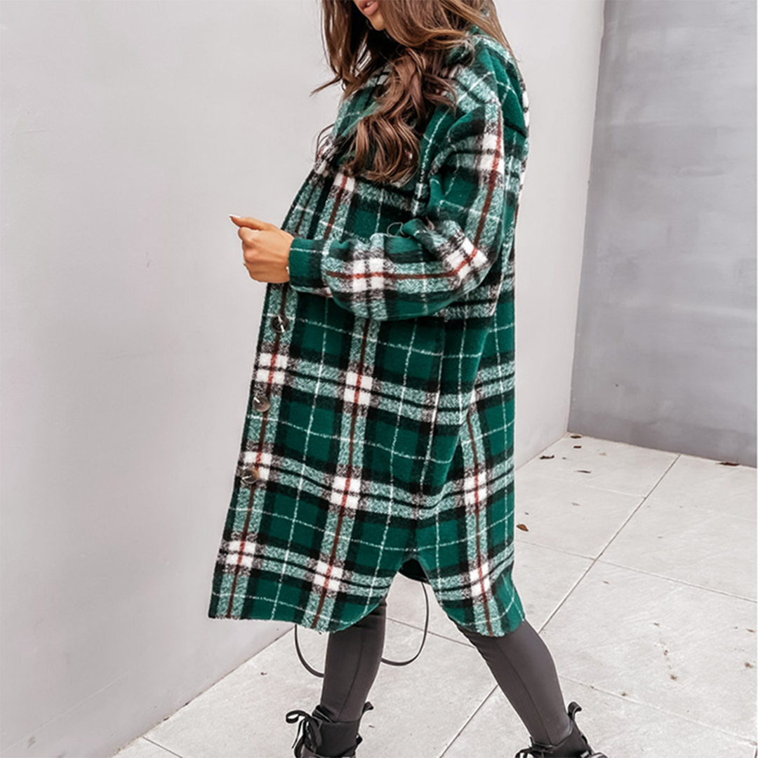 Women's Long Coat – Wool Blend – Oversized Fit – Check Pattern – Button Closure