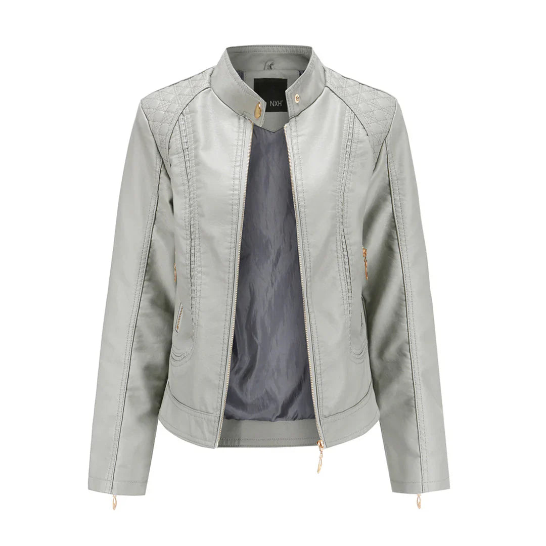 Women's Leather Jacket – Slim Fit – Quilted Shoulders – Stand Collar – Zipper Pockets