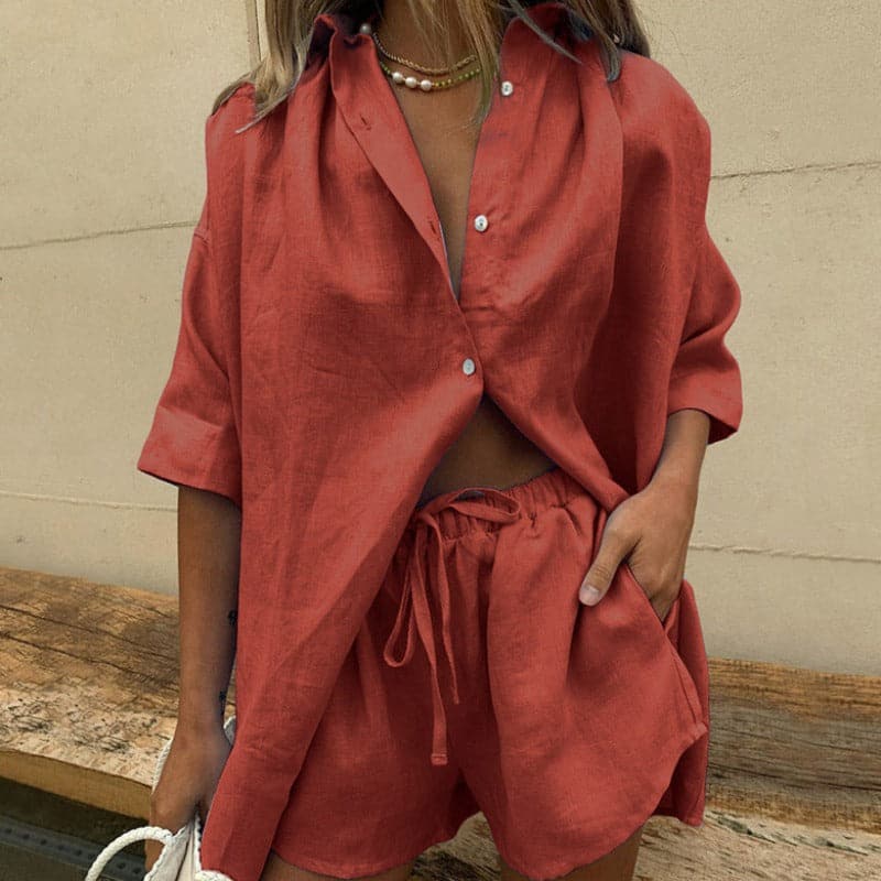 Dame Todelt Sett - Oversized Skjorte & Shorts - Myk Bomull - Avslappet Passform