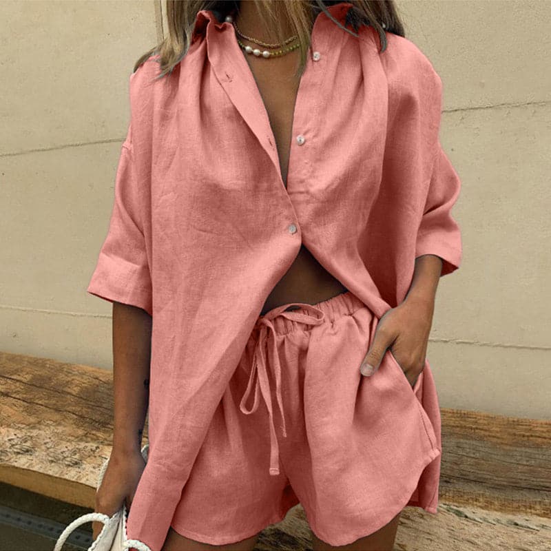 Dame Todelt Sett - Oversized Skjorte & Shorts - Myk Bomull - Avslappet Passform