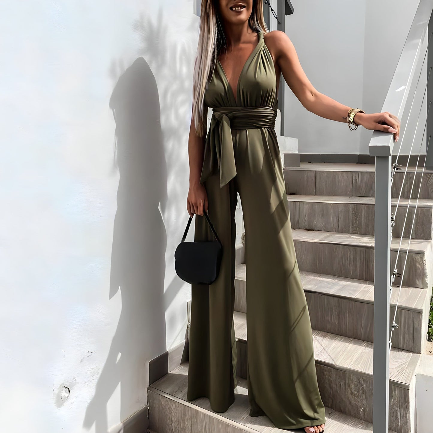 Women's Jumpsuit – Sleeveless – Deep V-neck – Wide Legs – Adjustable Waist – Airy Fabric