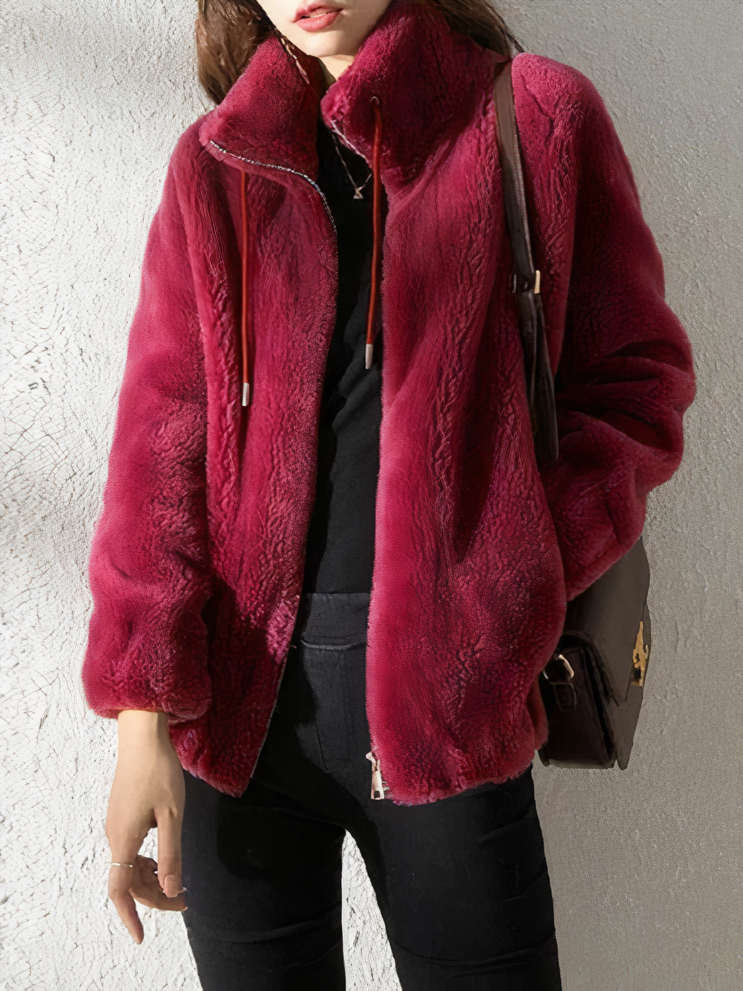 Women's Teddy Fleece Jacket - Soft Faux Fur - High Collar - Zipper - Relaxed Fit