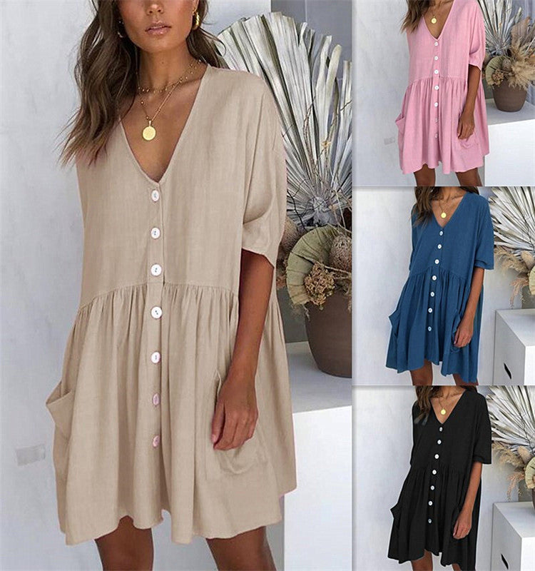 Women's Dress - Comfortable A-Line Fit - V-Neck - Short Sleeves - Button Details - With Pockets