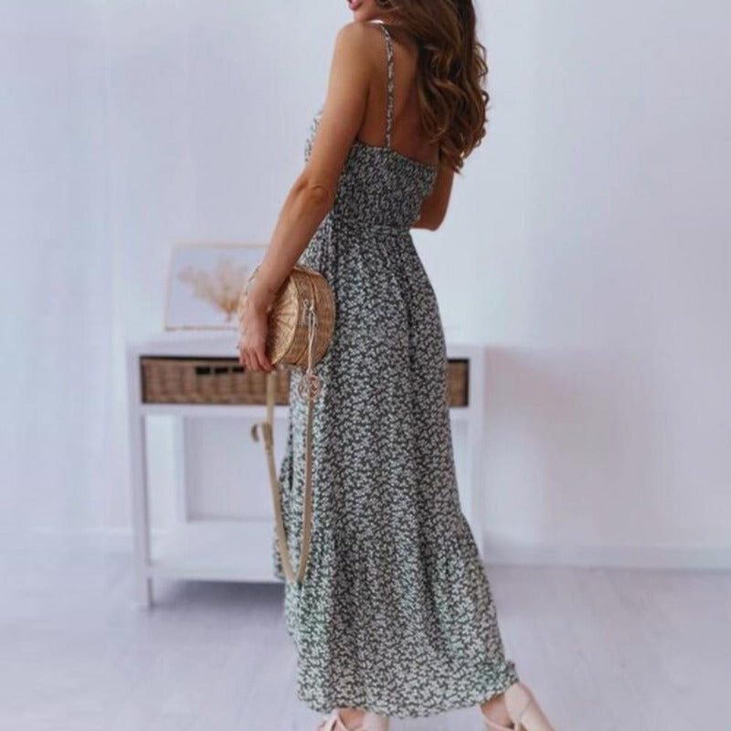 Women's Midi Dress - V-Neck Spaghetti Straps - Floral Print - Light and Airy Fit