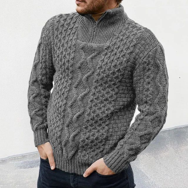 Men's Sweater – Wool Blend – Regular Fit – Half-Zip with Cable Knit Pattern