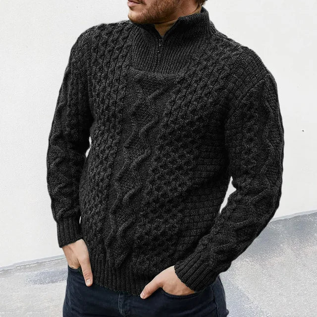 Men's Sweater – Wool Blend – Regular Fit – Half-Zip with Cable Knit Pattern
