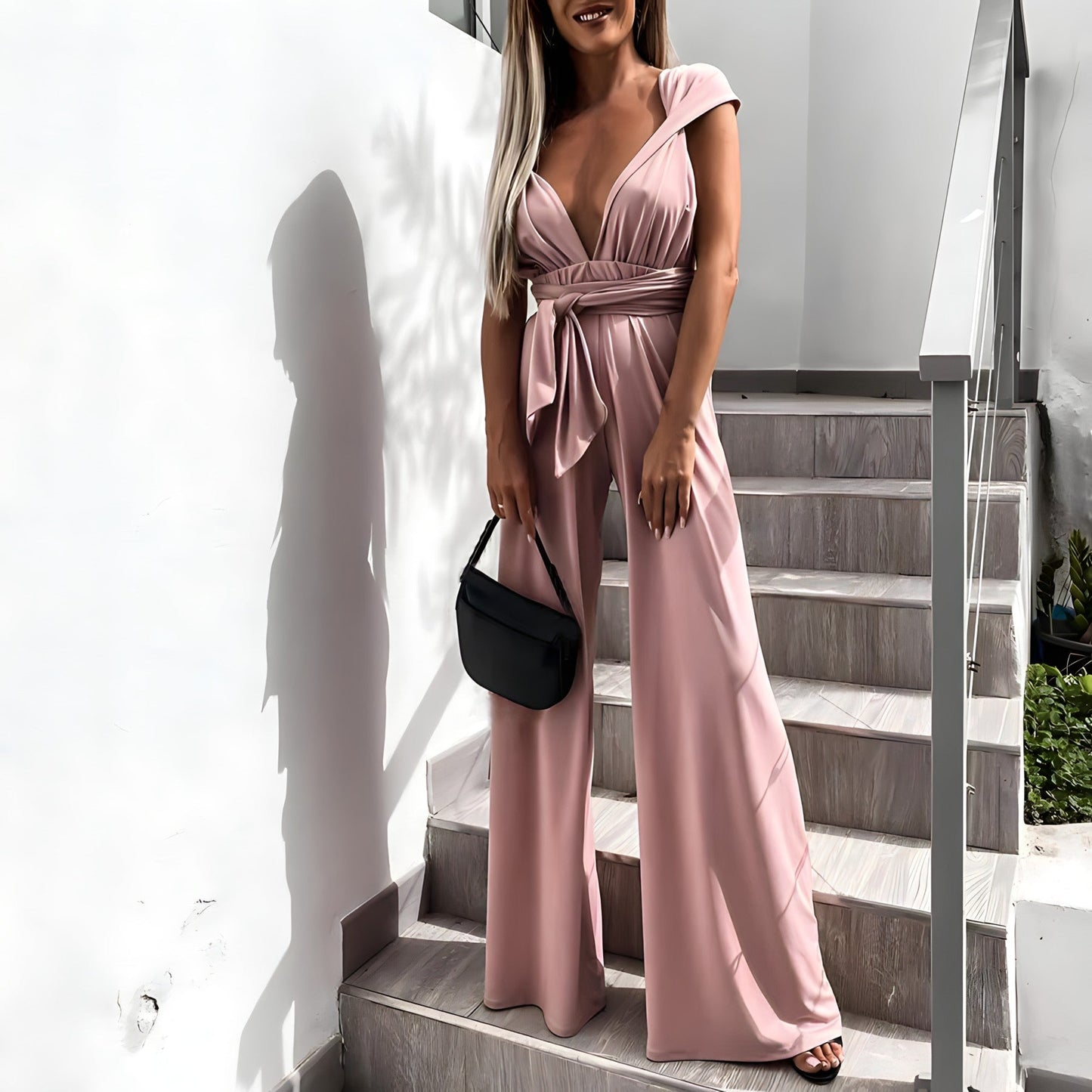 Women's Jumpsuit – Sleeveless – Deep V-neck – Wide Legs – Adjustable Waist – Airy Fabric