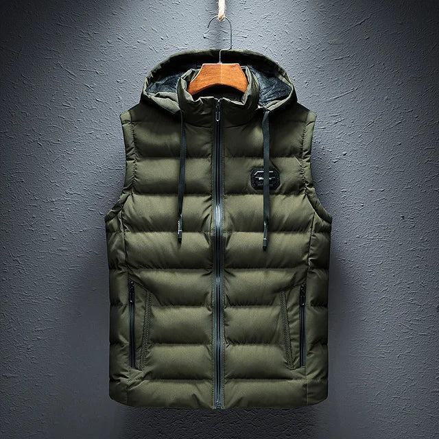 Men’s Vest - Quilted Woven Fabric - Regular Fit - Stand-Up Collar With Hood