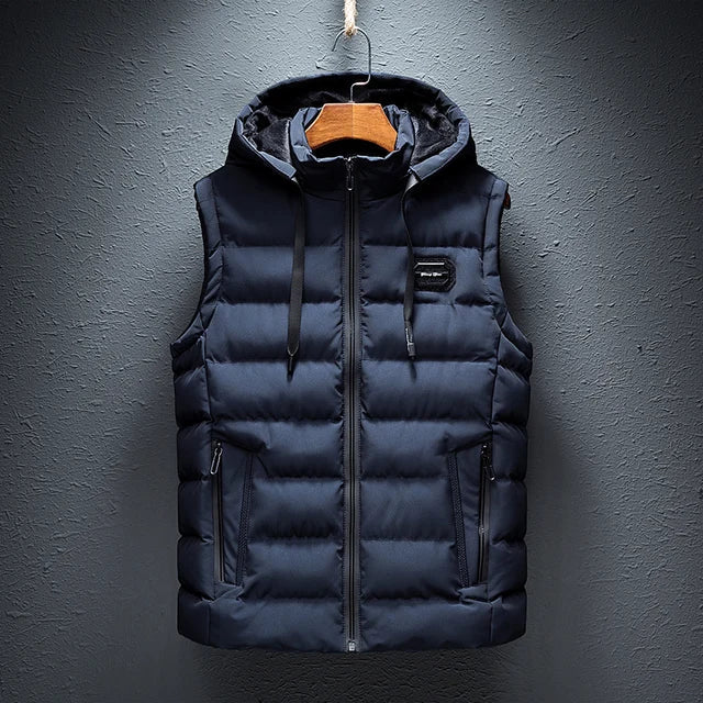 Men’s Vest - Quilted Woven Fabric - Regular Fit - Stand-Up Collar With Hood