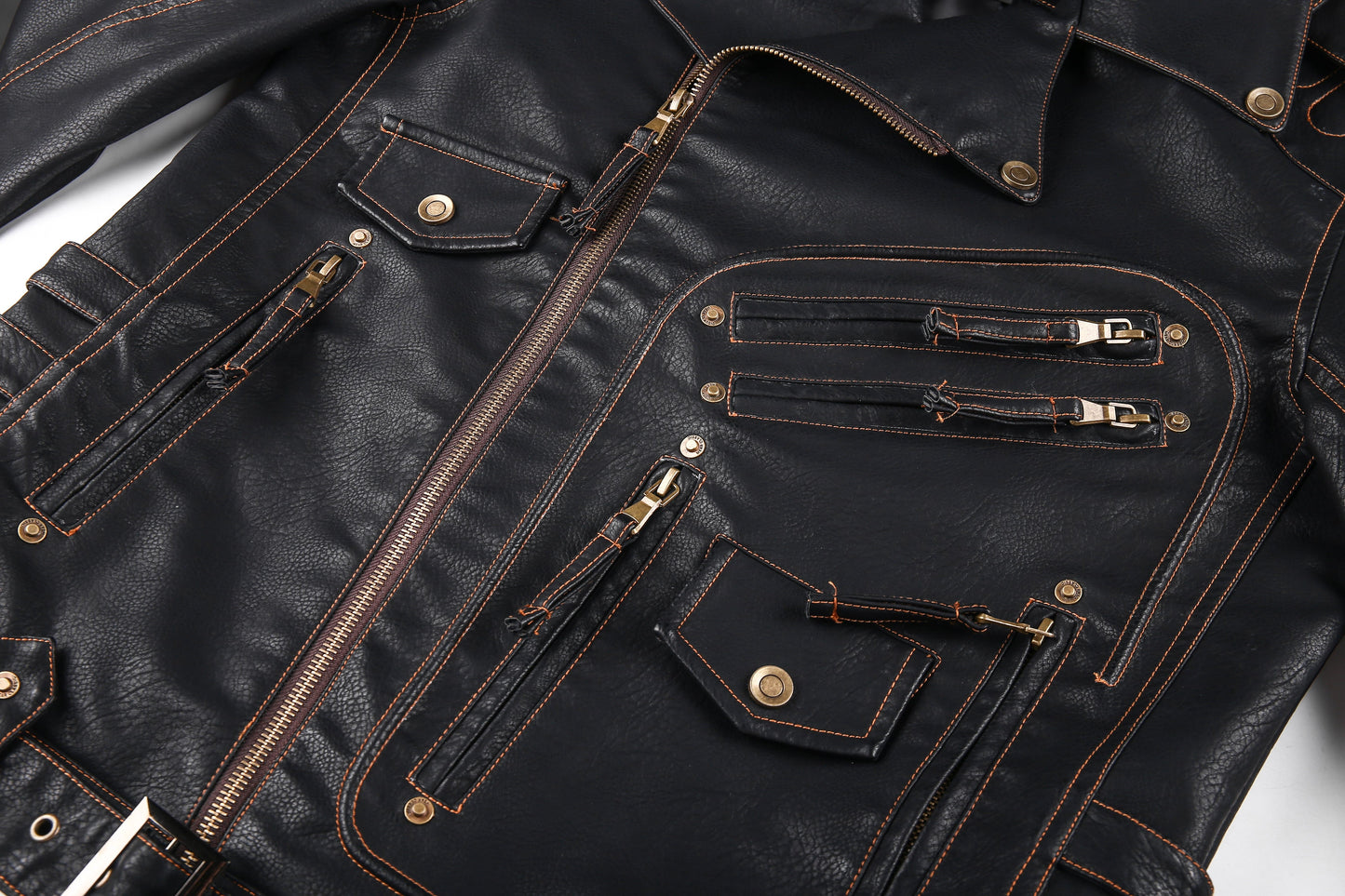 Men's Leather Jacket – Biker Style – Asymmetric Zipper – Belt at Waist – Multiple Pockets