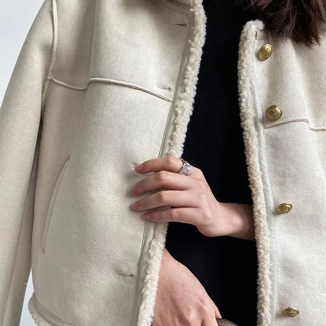 Women's Shearling Jacket – Soft Lining – Collarless Design – Gold Buttons – Sleek Fit
