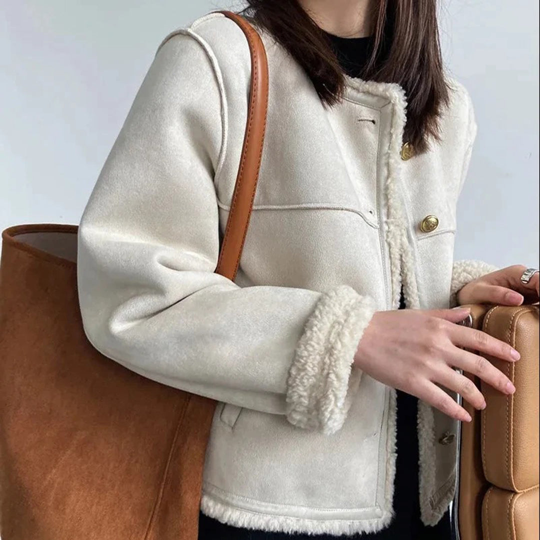 Women's Shearling Jacket – Soft Lining – Collarless Design – Gold Buttons – Sleek Fit
