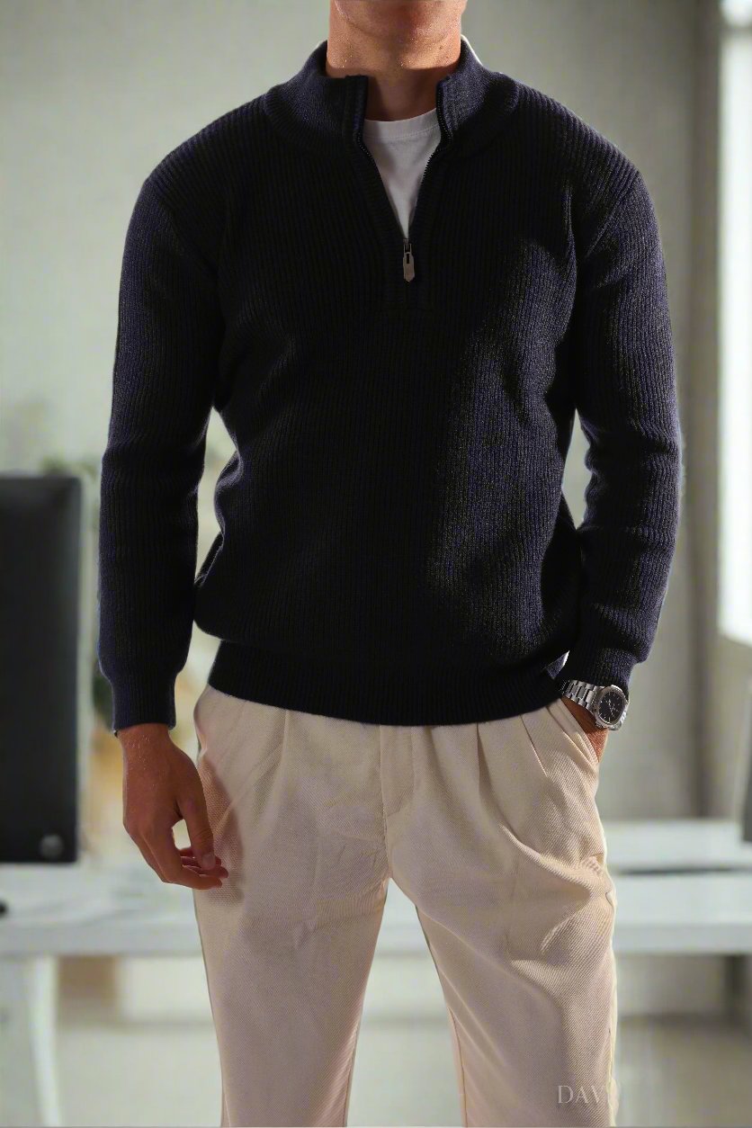 Men's Sweater - Half Zip - High Collar - Ribbed Knit - Comfortable Fit
