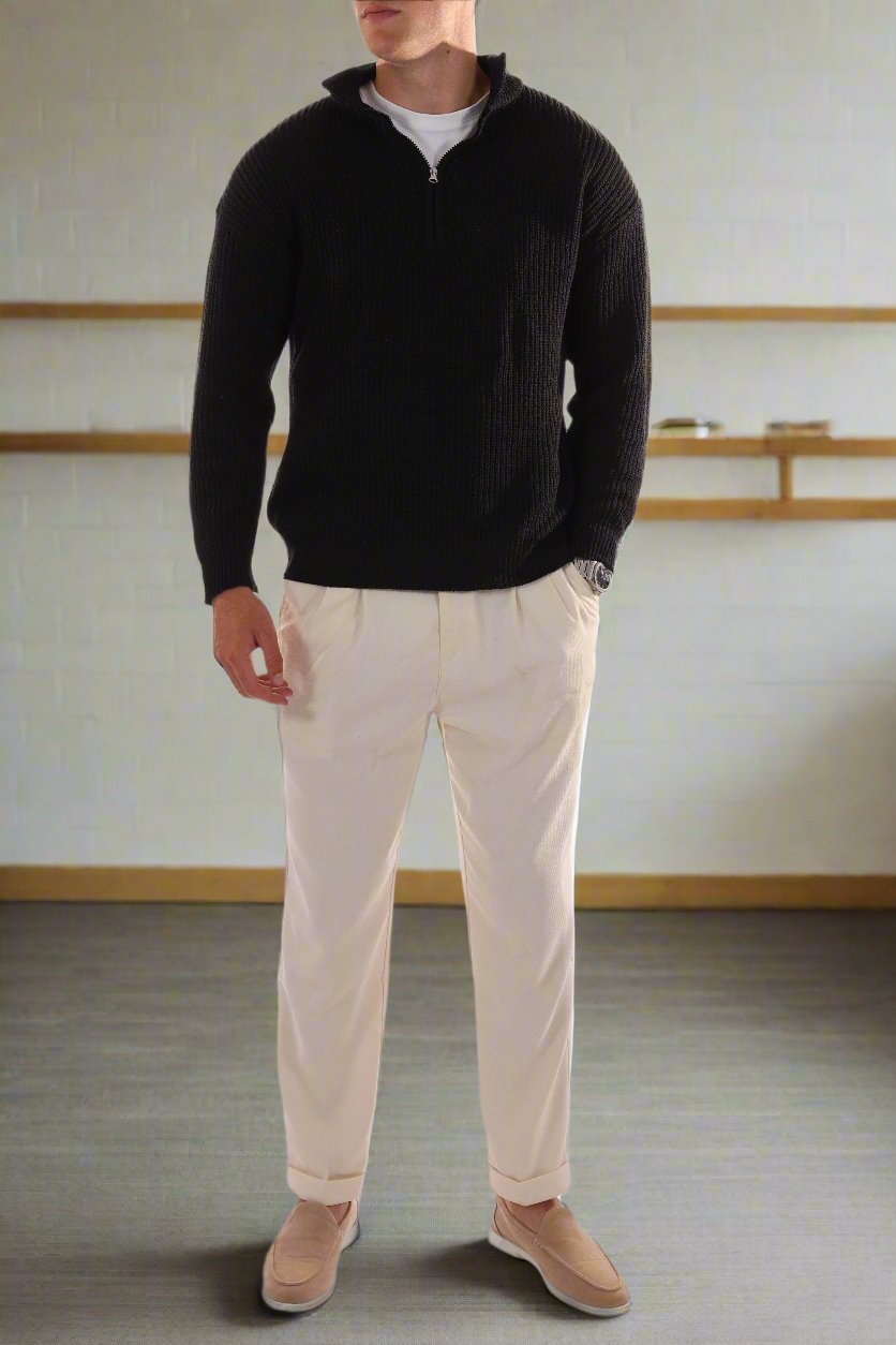 Men's Sweater - Half Zip - High Collar - Ribbed Knit - Comfortable Fit