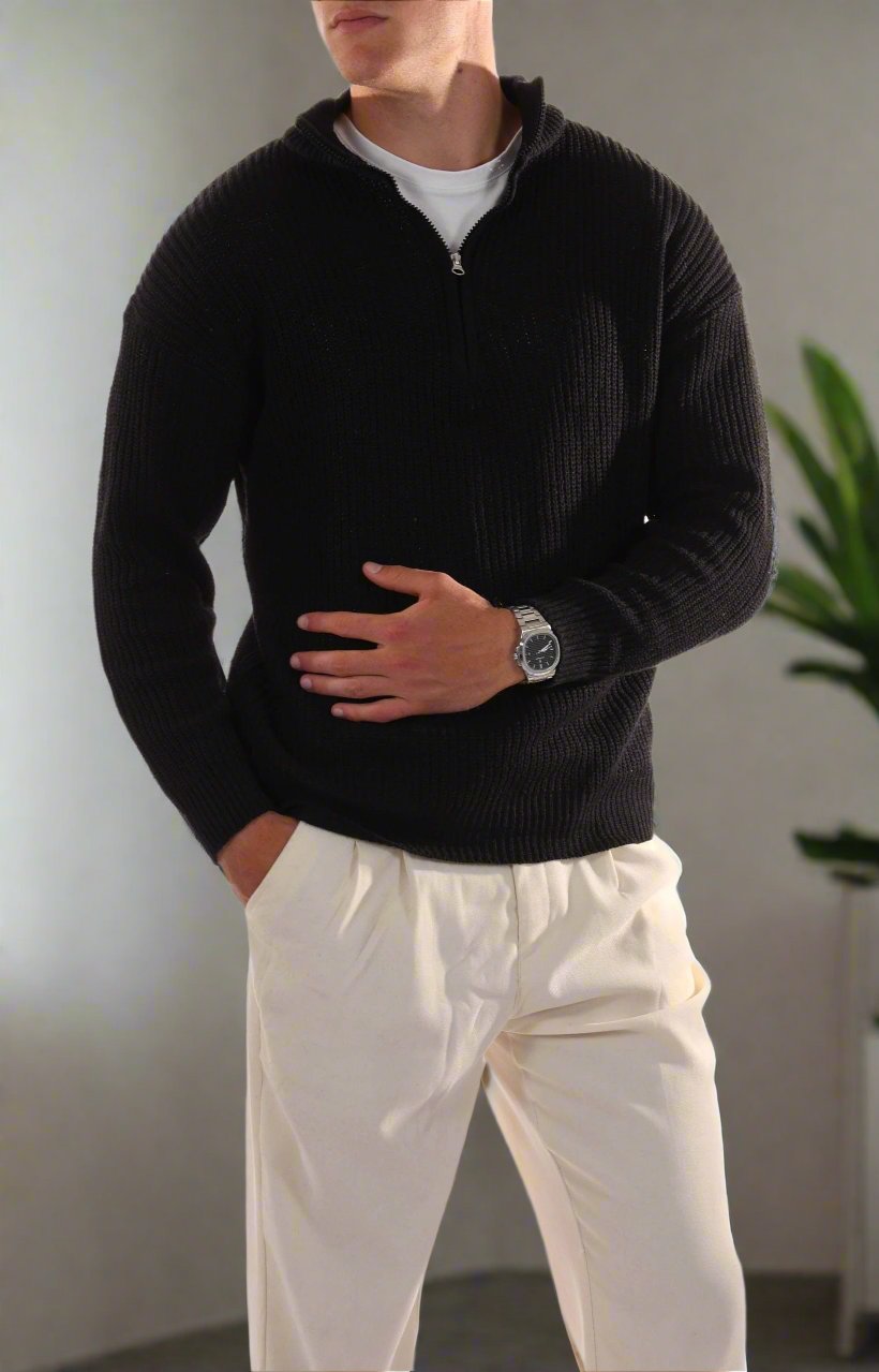 Men's Sweater - Half Zip - High Collar - Ribbed Knit - Comfortable Fit