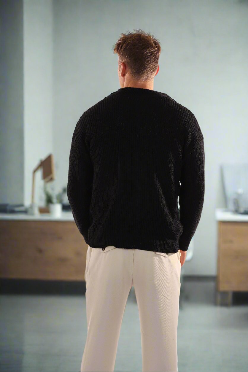 Men's Sweater - Half Zip - High Collar - Ribbed Knit - Comfortable Fit