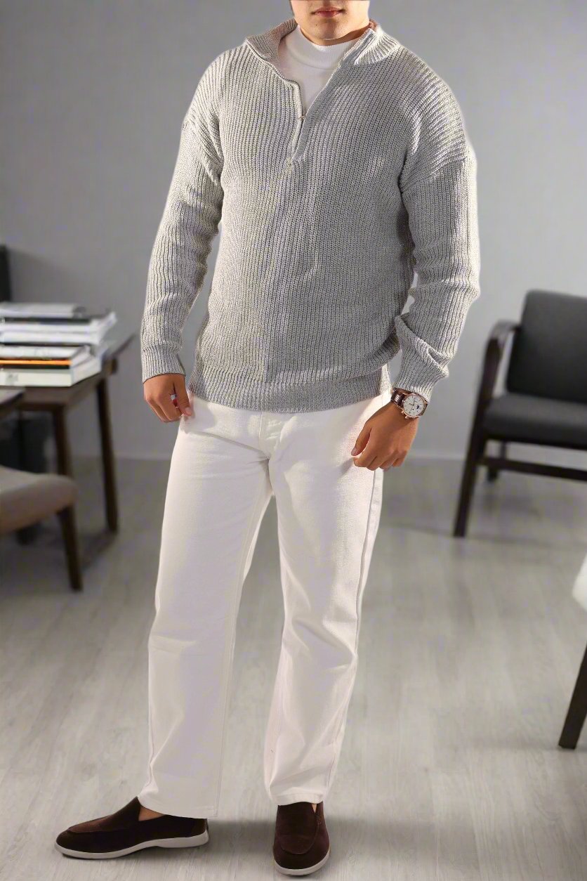 Men's Sweater - Half Zip - High Collar - Ribbed Knit - Comfortable Fit