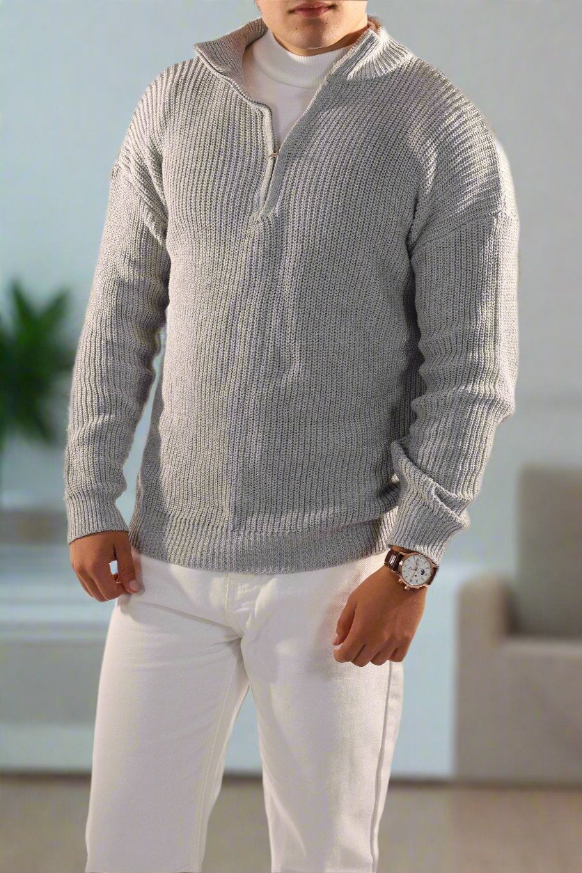 Men's Sweater - Half Zip - High Collar - Ribbed Knit - Comfortable Fit