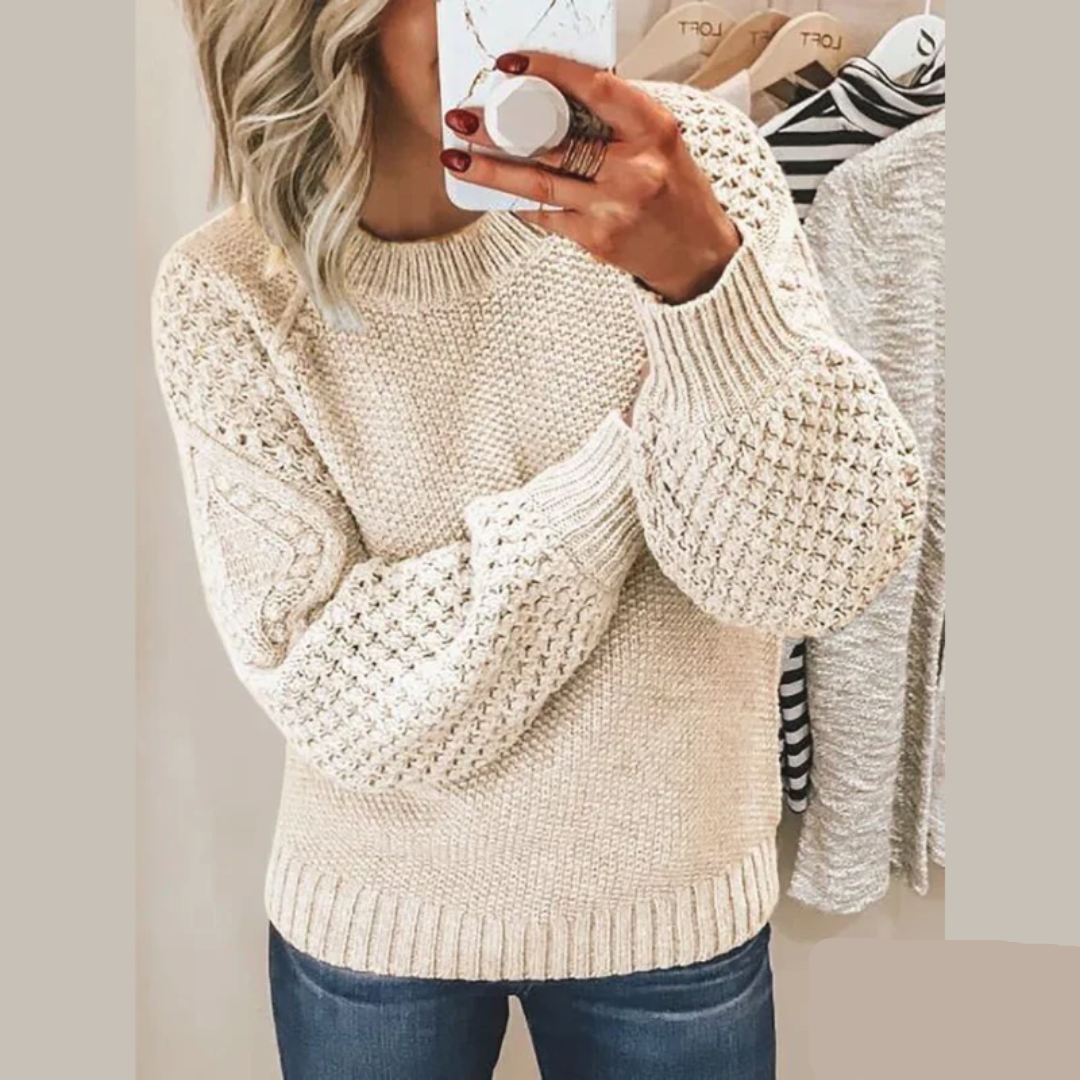 Women's Knitted Sweater – Cable Knit Sleeves – Balloon Sleeves – Comfortable and Stylish