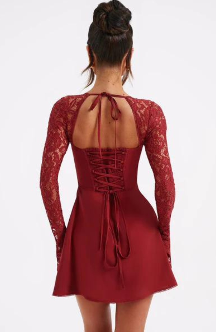 Dress for Women – Slim Fit – Lace Sleeves – Sweetheart Neckline – Ruffle Hem