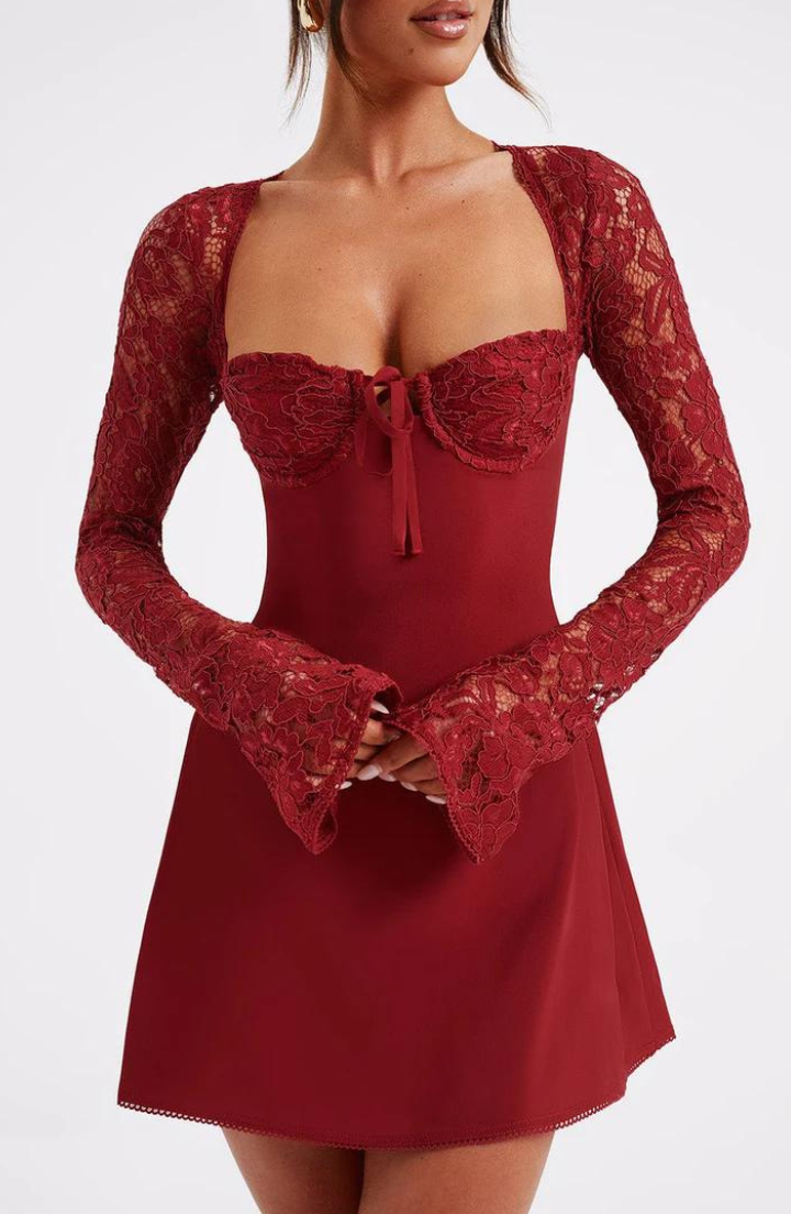 Dress for Women – Slim Fit – Lace Sleeves – Sweetheart Neckline – Ruffle Hem