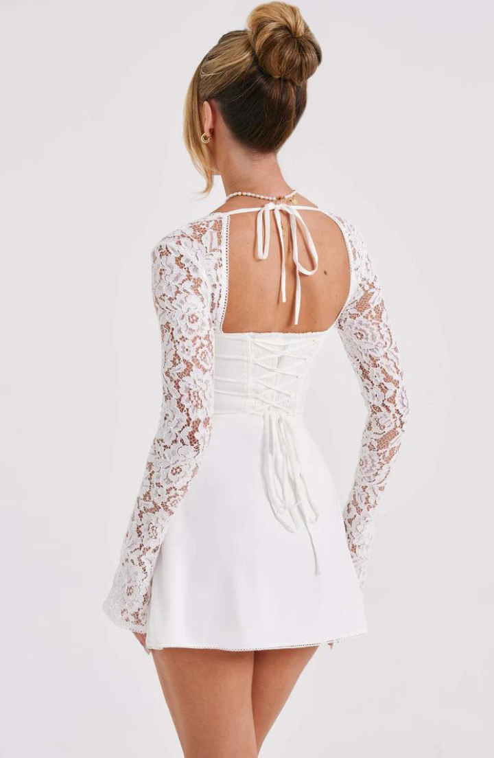 Dress for Women – Slim Fit – Lace Sleeves – Sweetheart Neckline – Ruffle Hem