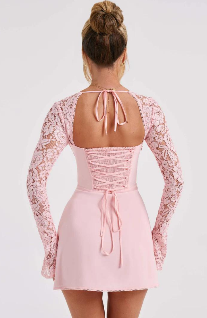 Dress for Women – Slim Fit – Lace Sleeves – Sweetheart Neckline – Ruffle Hem