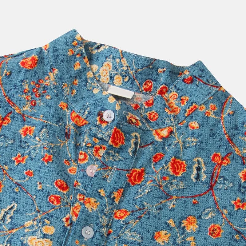 Herreskjorte - Kortermet Button-Up - Blomsterprint - Avslappet Passform - Pustende Stoff