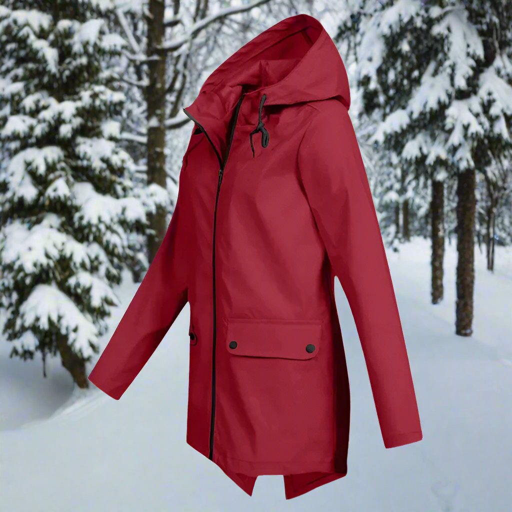 Thea Hooded Raincoat | Thigh-Length Zip Front Raincoat