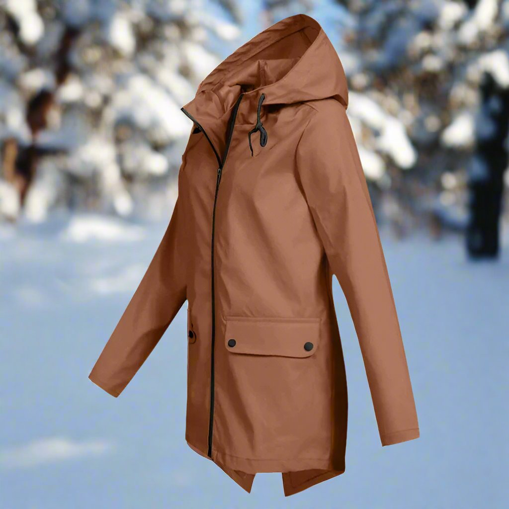 Thea Hooded Raincoat | Thigh-Length Zip Front Raincoat