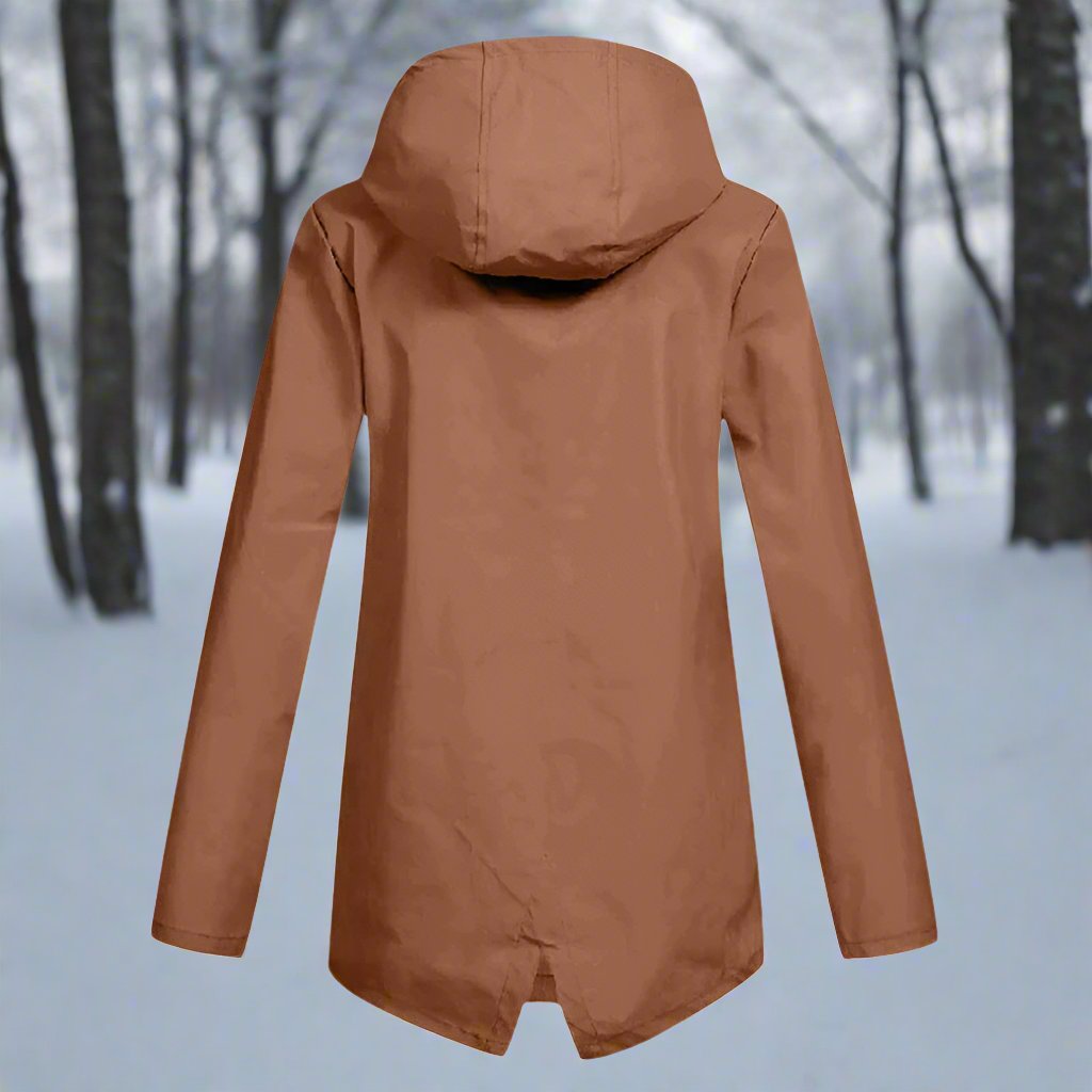 Thea Hooded Raincoat | Thigh-Length Zip Front Raincoat