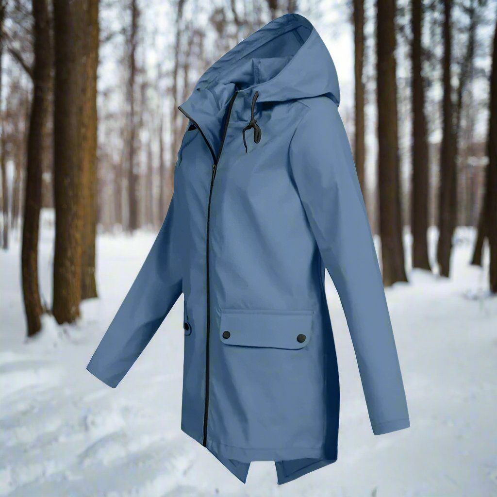 Thea Hooded Raincoat | Thigh-Length Zip Front Raincoat
