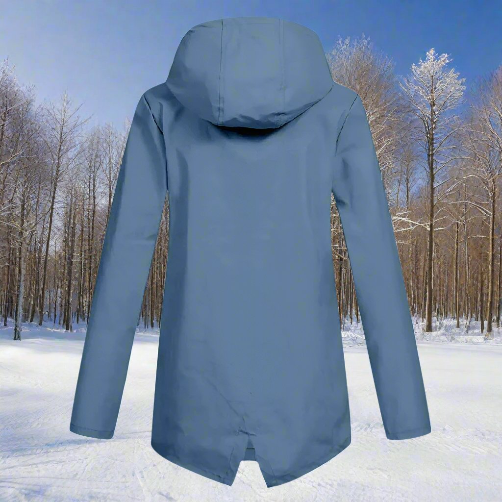 Thea Hooded Raincoat | Thigh-Length Zip Front Raincoat