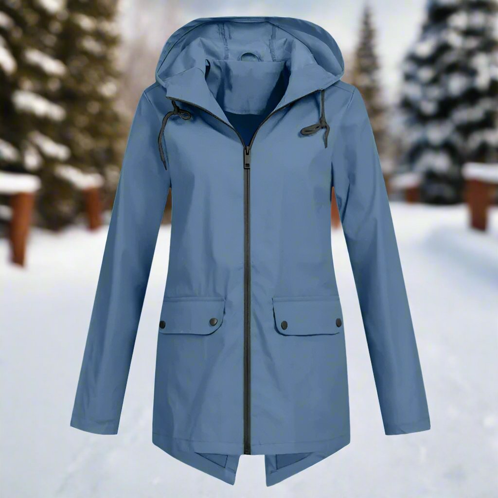 Thea Hooded Raincoat | Thigh-Length Zip Front Raincoat