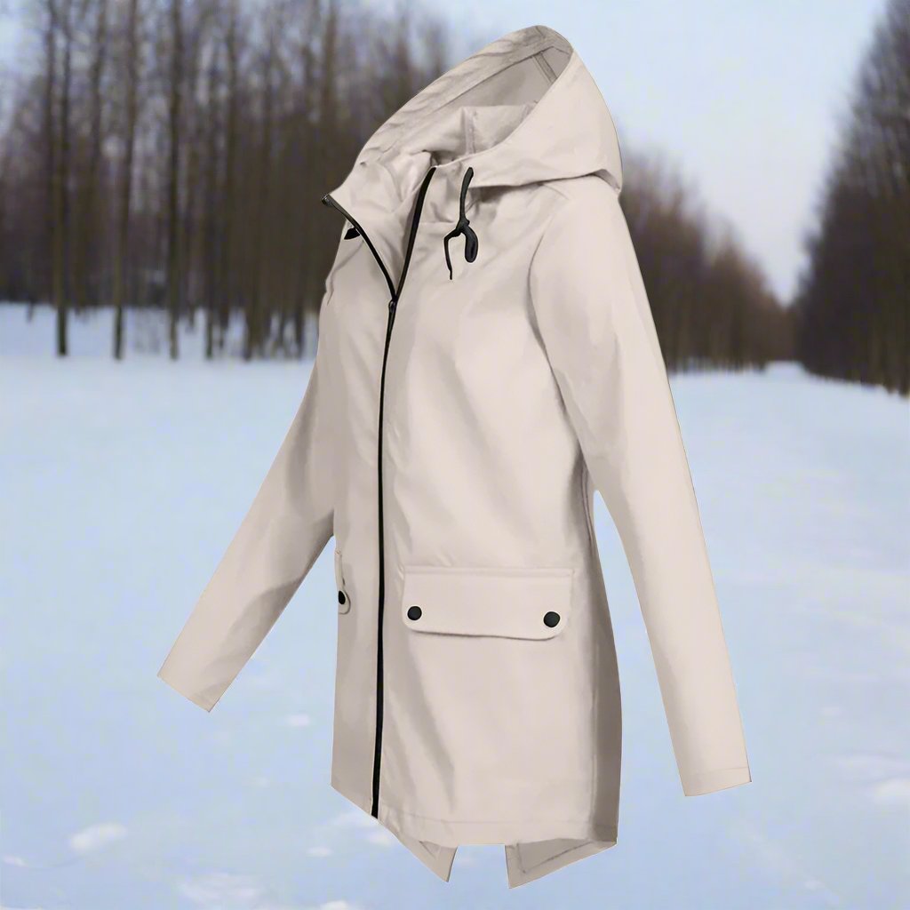 Thea Hooded Raincoat | Thigh-Length Zip Front Raincoat