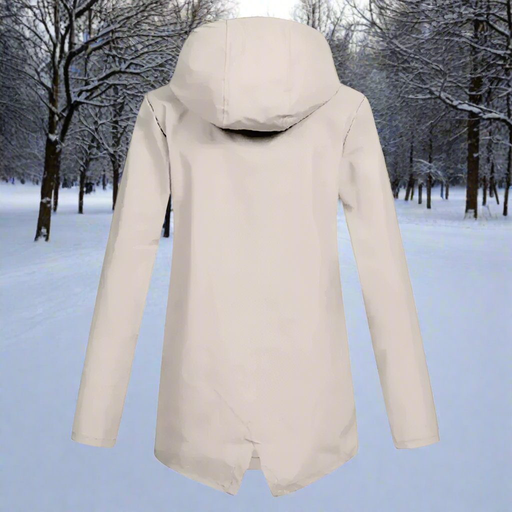 Thea Hooded Raincoat | Thigh-Length Zip Front Raincoat
