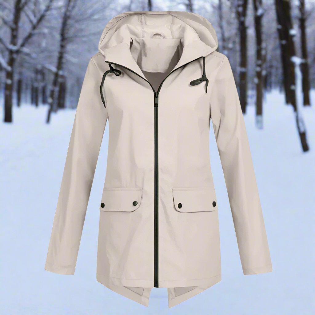 Thea Hooded Raincoat | Thigh-Length Zip Front Raincoat