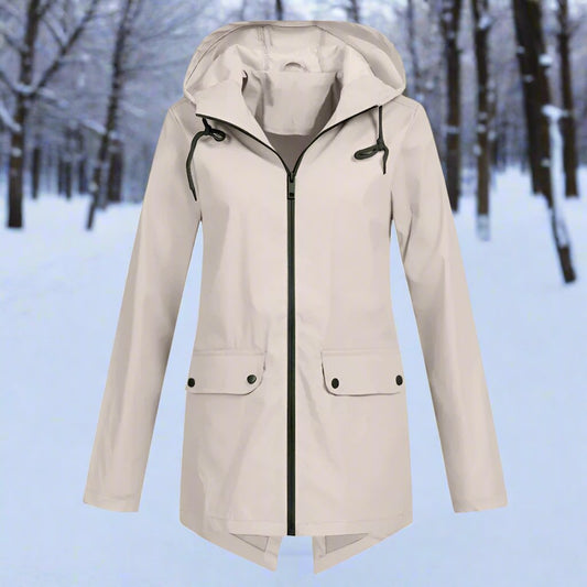 Thea Hooded Raincoat | Thigh-Length Zip Front Raincoat