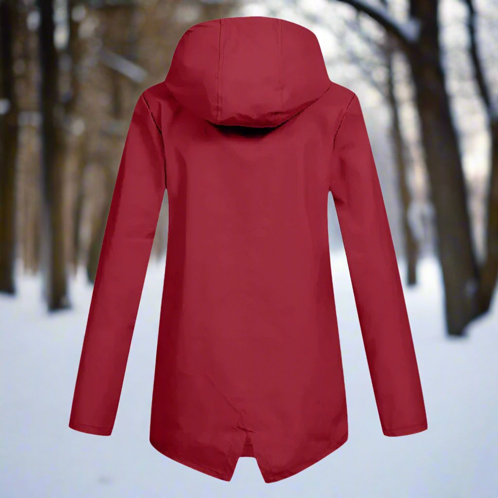 Thea Hooded Raincoat | Thigh-Length Zip Front Raincoat