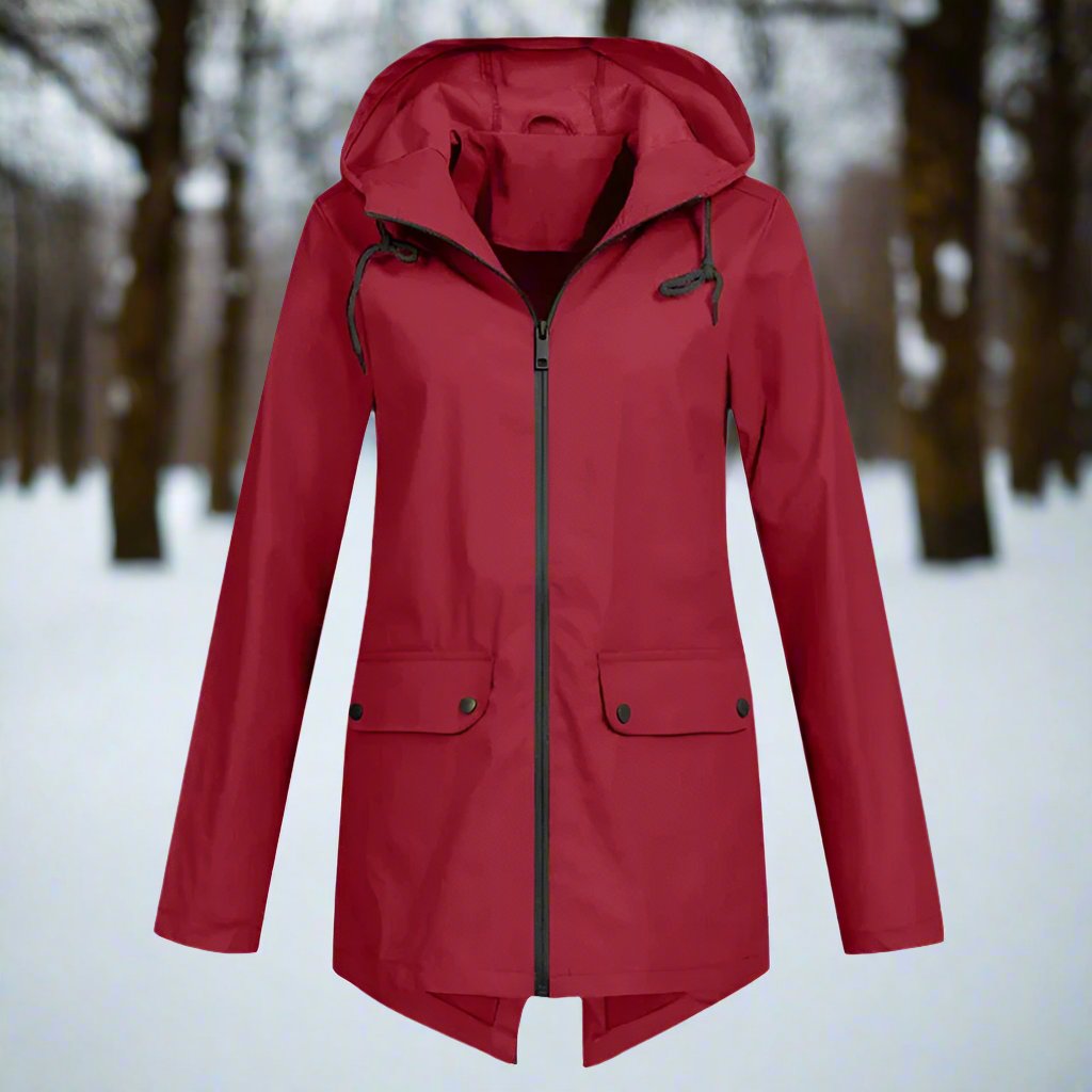 Thea Hooded Raincoat | Thigh-Length Zip Front Raincoat