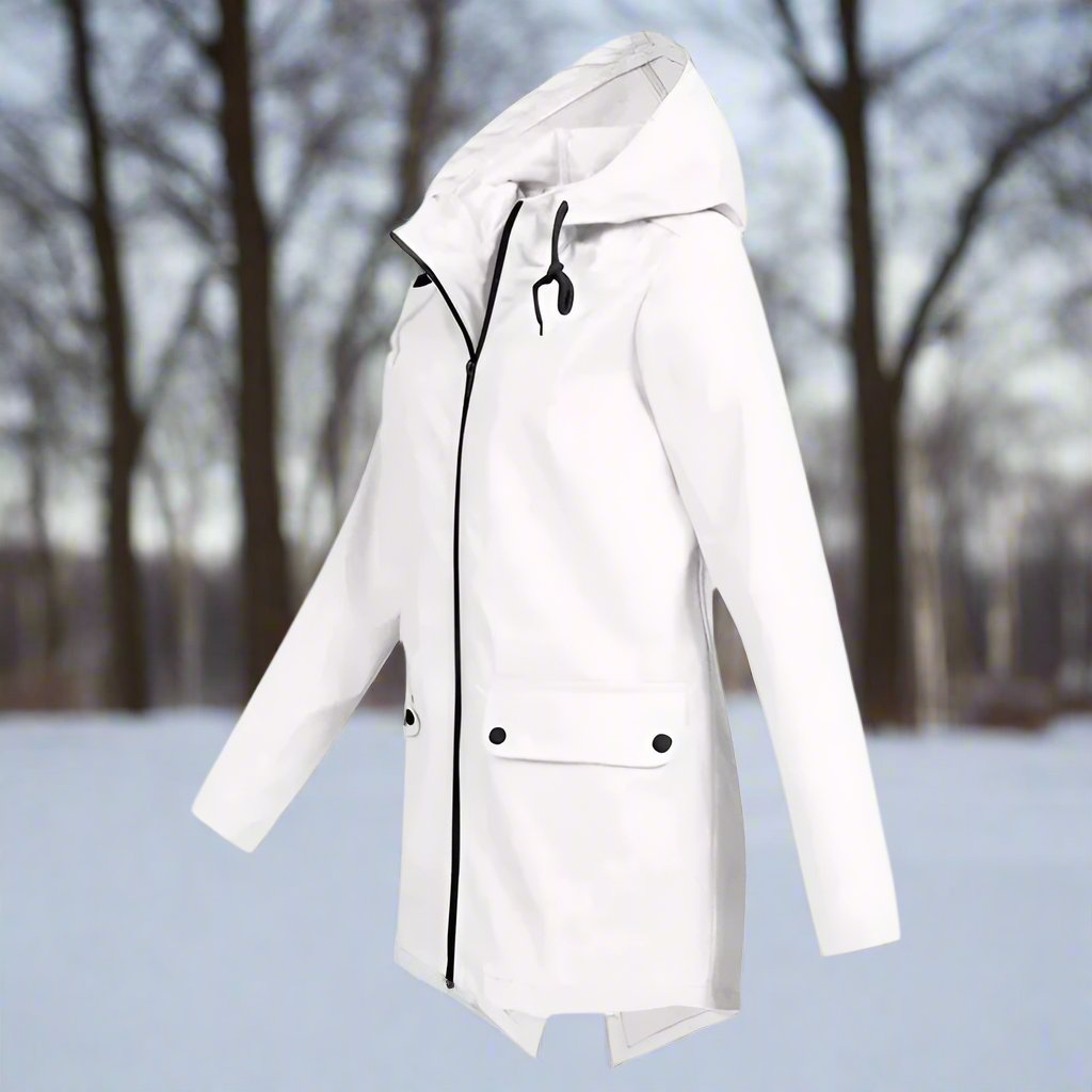 Thea Hooded Raincoat | Thigh-Length Zip Front Raincoat