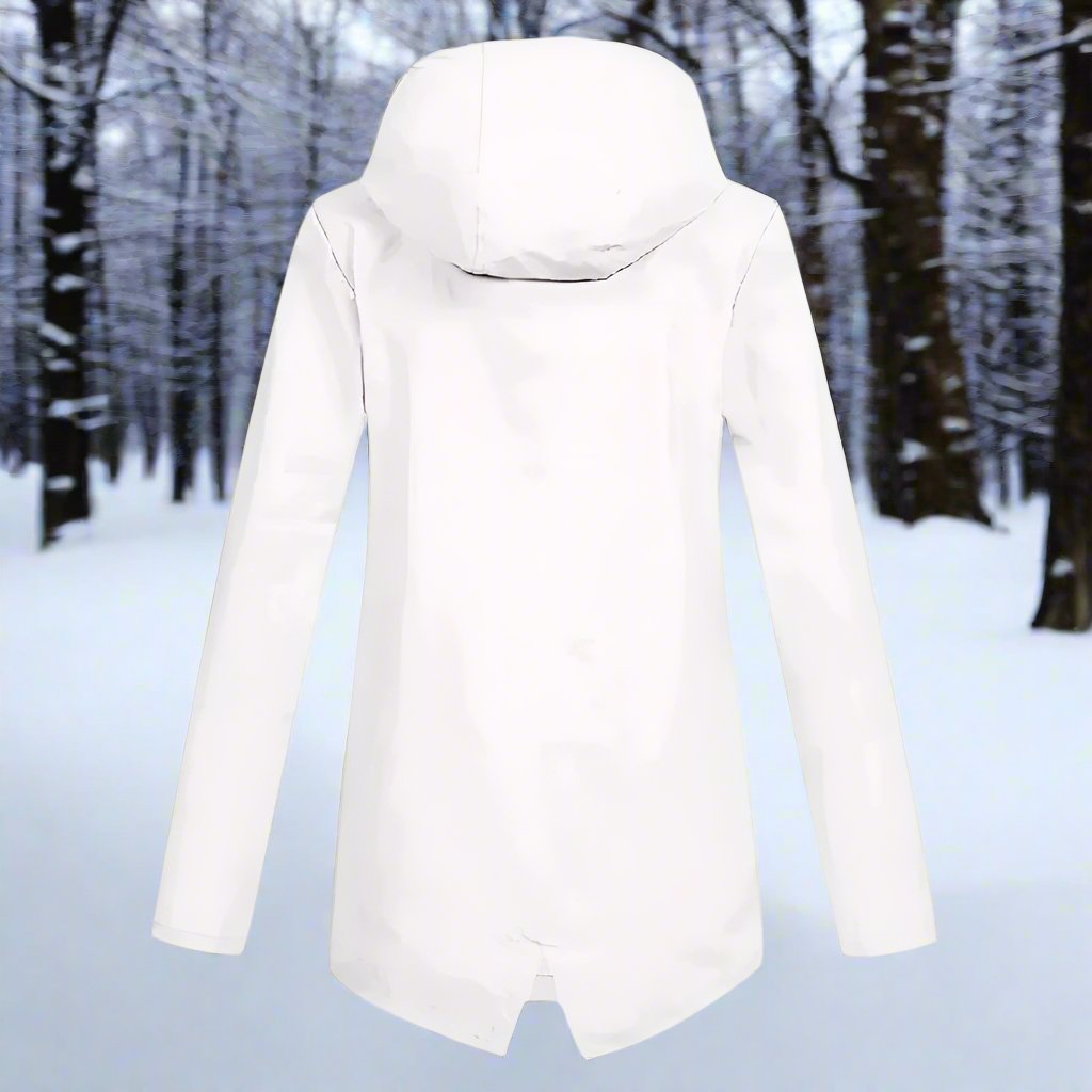 Thea Hooded Raincoat | Thigh-Length Zip Front Raincoat