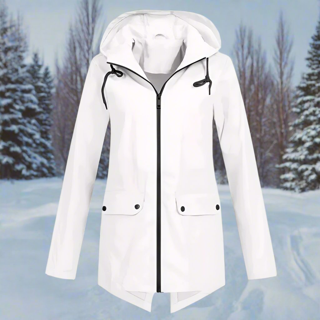 Thea Hooded Raincoat | Thigh-Length Zip Front Raincoat
