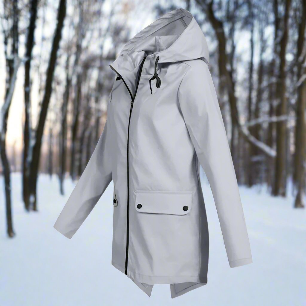 Thea Hooded Raincoat | Thigh-Length Zip Front Raincoat