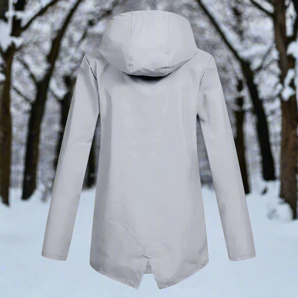 Thea Hooded Raincoat | Thigh-Length Zip Front Raincoat
