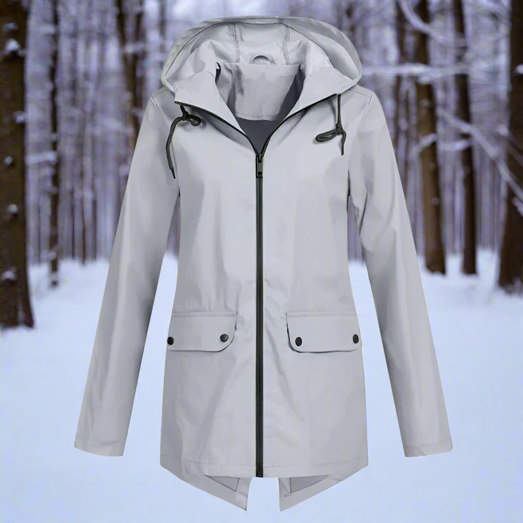 Thea Hooded Raincoat | Thigh-Length Zip Front Raincoat