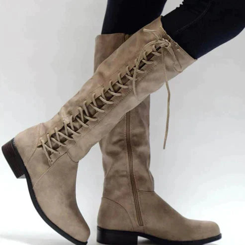 Women's Knee-High Boots – Lacing – Zipper – Flat Sole – Slim Fit